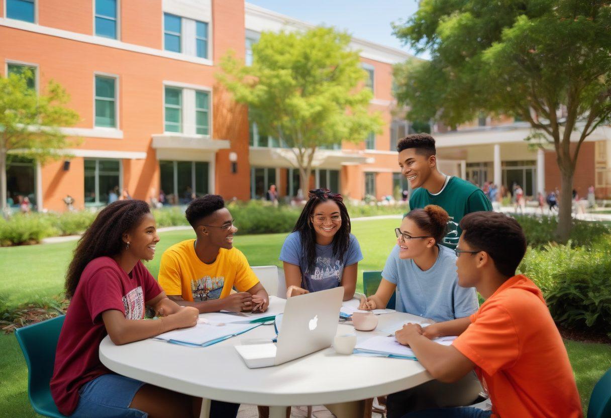 A vibrant campus scene featuring diverse college freshmen engaging in study groups, sharing ideas, and participating in social activities. Incorporate elements like books, laptops, and campus buildings in the background, symbolizing academic and social thriving. The atmosphere should feel energetic and supportive, with greenery and students laughing together. Capture a sense of growth and community in a bright color palette. super-realistic. vibrant colors. white background.
