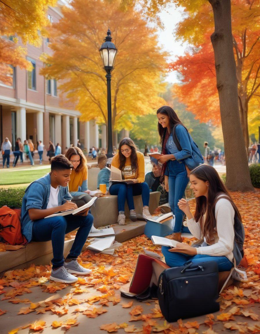 A vibrant college campus scene showing diverse freshmen engaging in various activities like studying, socializing, and exploring. Incorporate books, laptops, and inspirational quotes on banners in the background. Capture the essence of excitement, camaraderie, and new beginnings during the fall season. super-realistic. vibrant colors. outdoor setting.