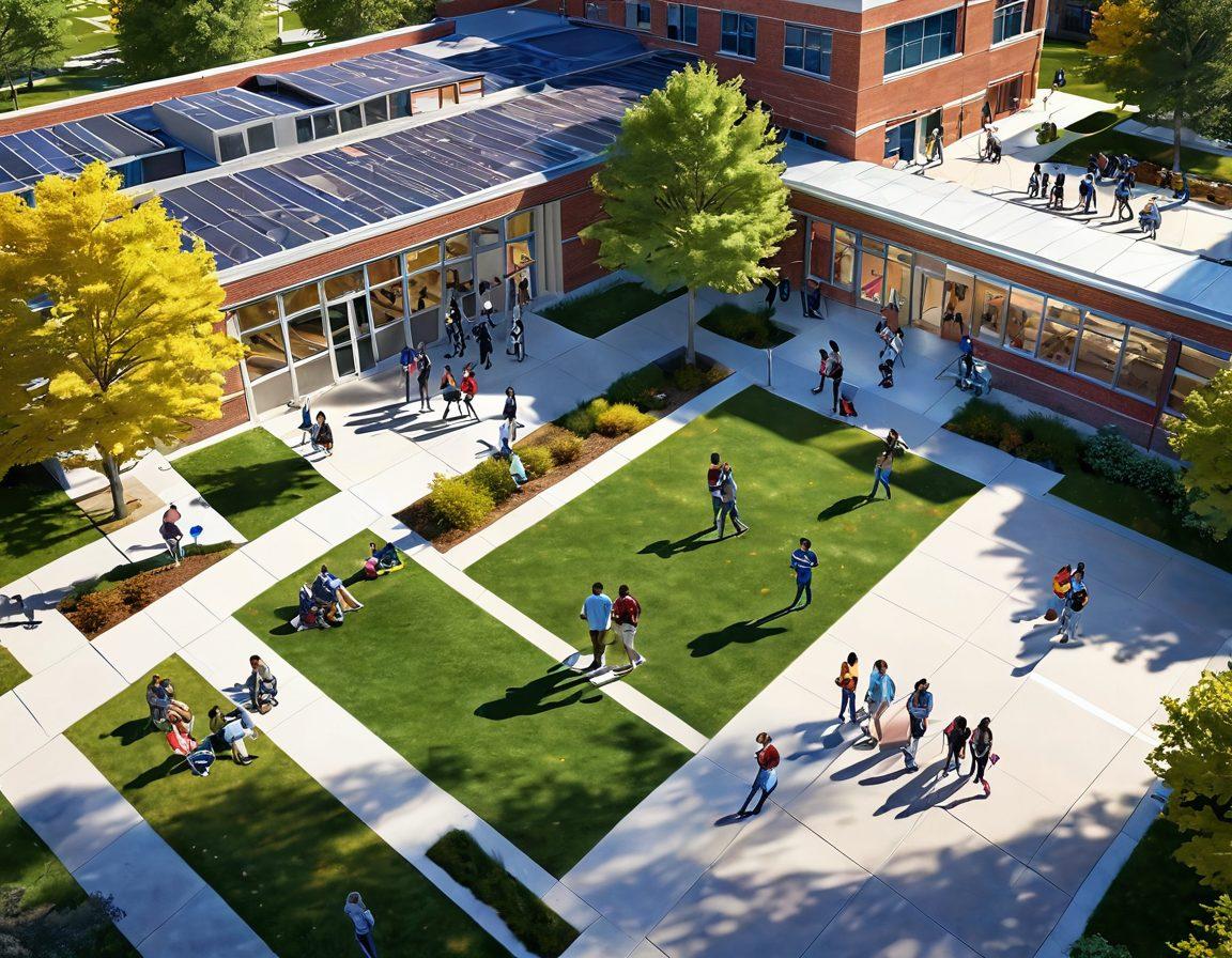 A vibrant college campus scene bustling with diverse students engaging in various activities. Highlight a welcoming support center with friendly staff and resource materials. Include elements like a campus map, study groups, and students enjoying outdoor spaces. Emphasize an atmosphere of collaboration and excitement. super-realistic. vibrant colors. 3D.